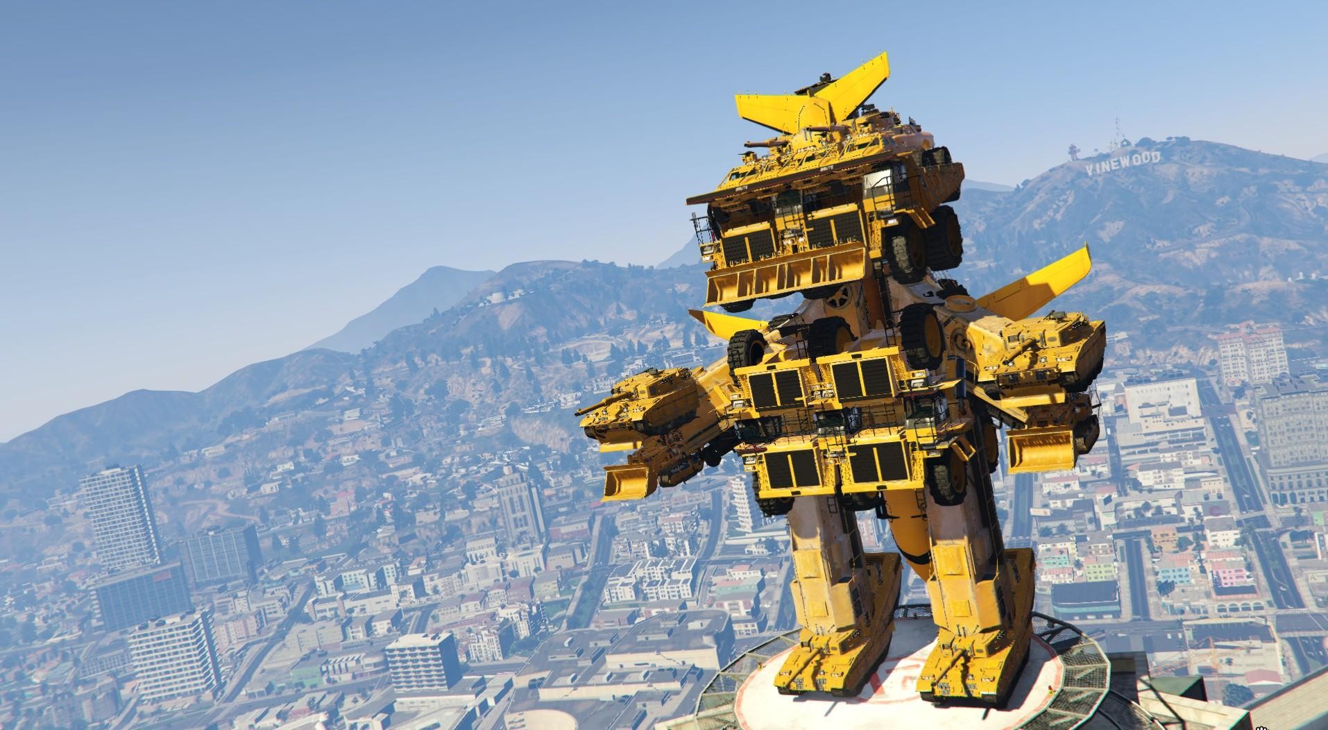 Giant robot built from stacked yellow construction vehicles above Los Santos